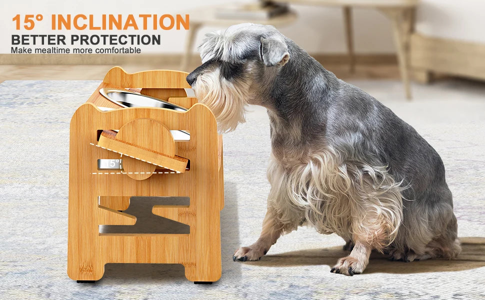 Elevated Dog & Cat Bowls Adjustable Bamboo Stand with Stainless Steel Feeder - Paw Care USA