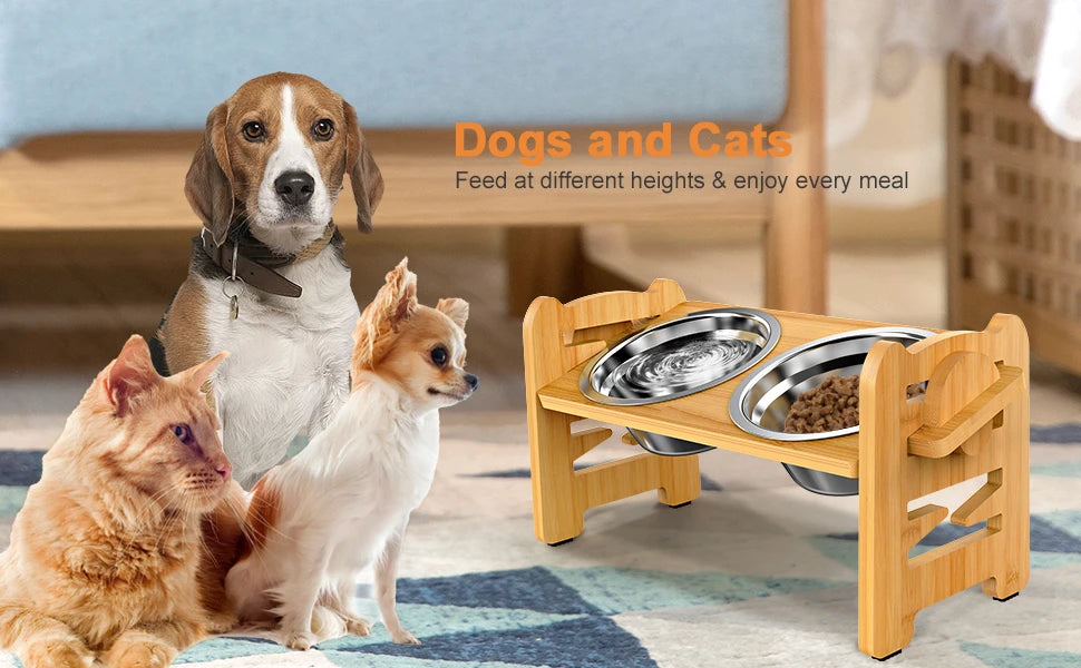 Elevated Dog & Cat Bowls Adjustable Bamboo Stand with Stainless Steel Feeder - Paw Care USA