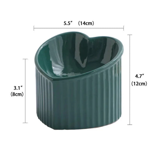 Heart Shaped Ceramic Tilted Cat Dog Bowl Non-Slip, Handmade & Elevated Feeder - Paw Care USA
