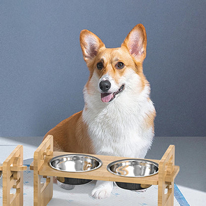 Adjustable Bamboo Pet Feeder 2PCS Wooden Stand with Stainless Steel Bowls for Cats & Dogs - Paw Care USA