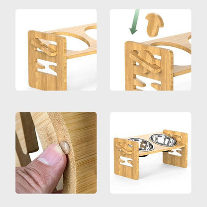 Adjustable Bamboo Pet Feeder 2PCS Wooden Stand with Stainless Steel Bowls for Cats & Dogs - Paw Care USA