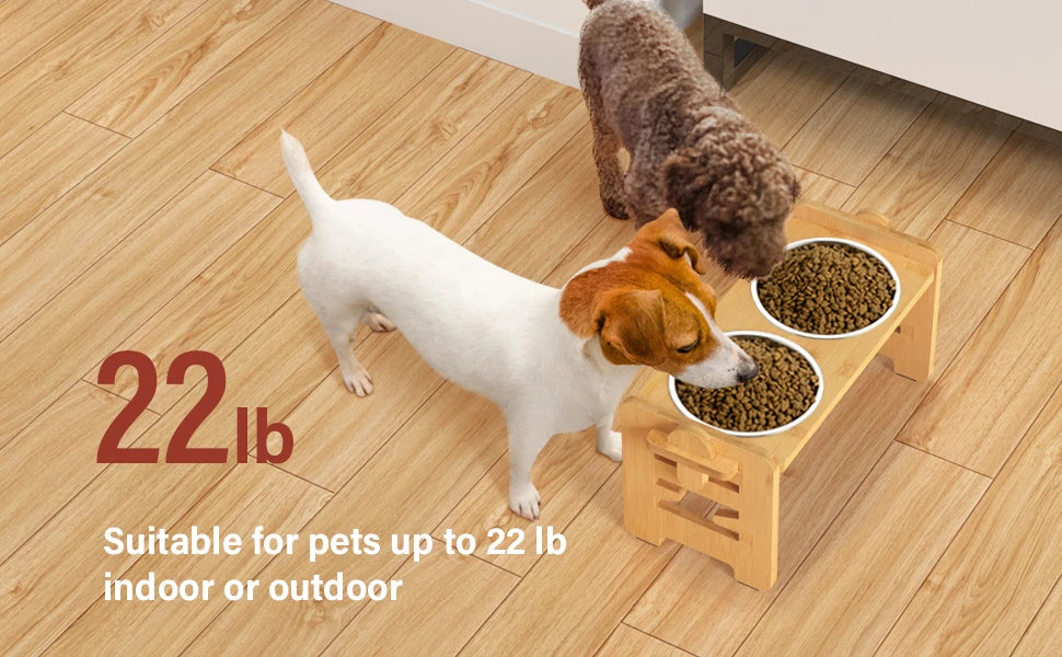 Elevated Dog & Cat Bowls Adjustable Bamboo Stand with Stainless Steel Feeder - Paw Care USA