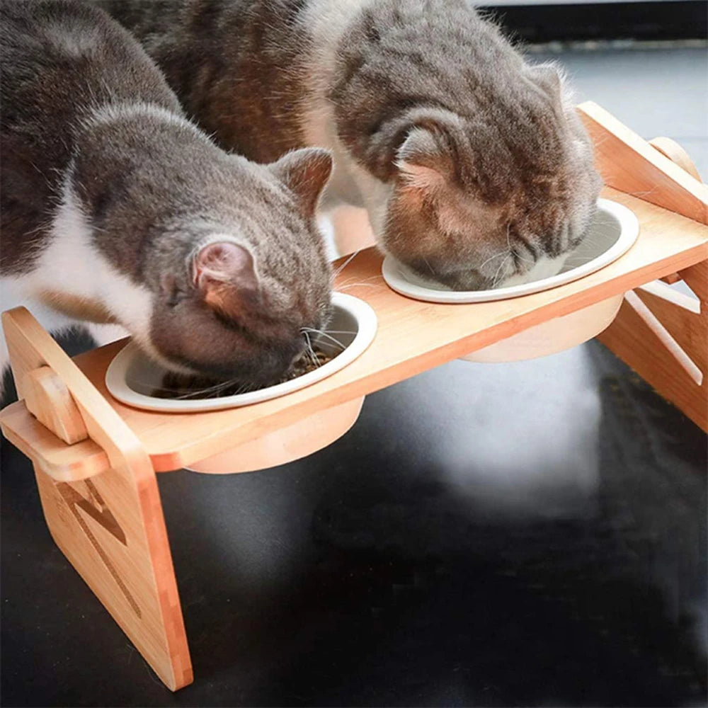 Adjustable Bamboo Pet Feeder 2PCS Wooden Stand with Stainless Steel Bowls for Cats & Dogs - Paw Care USA