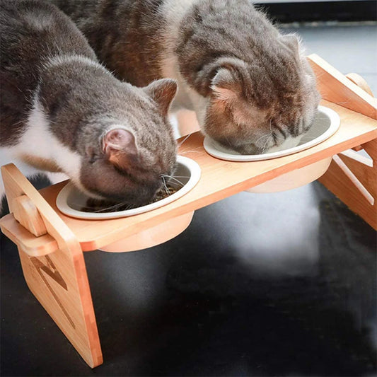 Adjustable Bamboo Pet Feeder 2PCS Wooden Stand with Stainless Steel Bowls for Cats & Dogs - Paw Care USA
