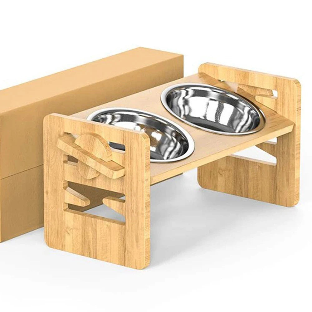 Adjustable Bamboo Pet Feeder 2PCS Wooden Stand with Stainless Steel Bowls for Cats & Dogs - Paw Care USA