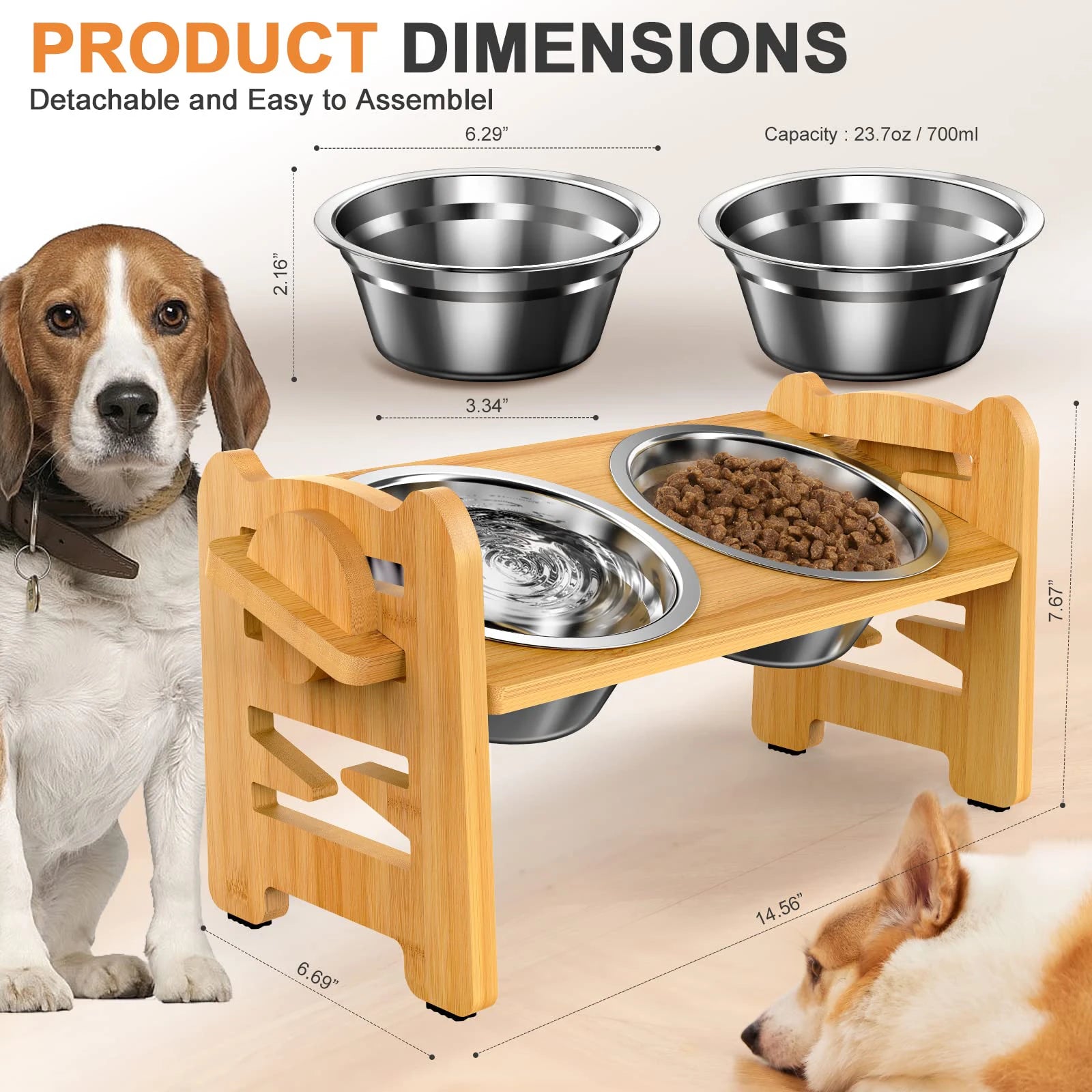 Elevated Dog & Cat Bowls Adjustable Bamboo Stand with Stainless Steel Feeder - Paw Care USA