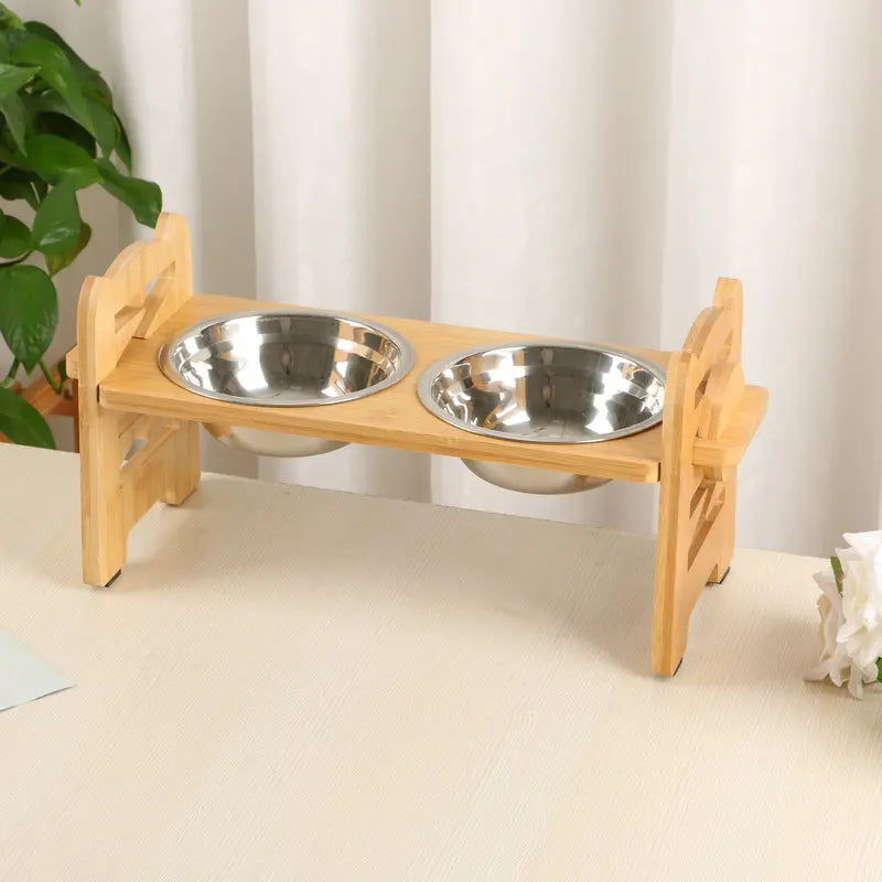 Elevated Dog & Cat Bowls Adjustable Bamboo Stand with Stainless Steel Feeder - Paw Care USA