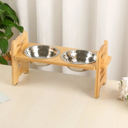 Elevated Dog & Cat Bowls Adjustable Bamboo Stand with Stainless Steel Feeder - Paw Care USA