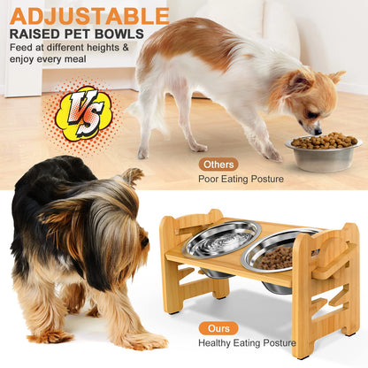 Elevated Dog & Cat Bowls Adjustable Bamboo Stand with Stainless Steel Feeder - Paw Care USA