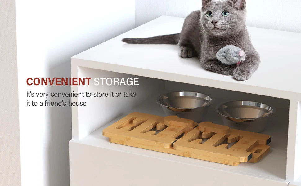 Elevated Dog & Cat Bowls Adjustable Bamboo Stand with Stainless Steel Feeder - Paw Care USA