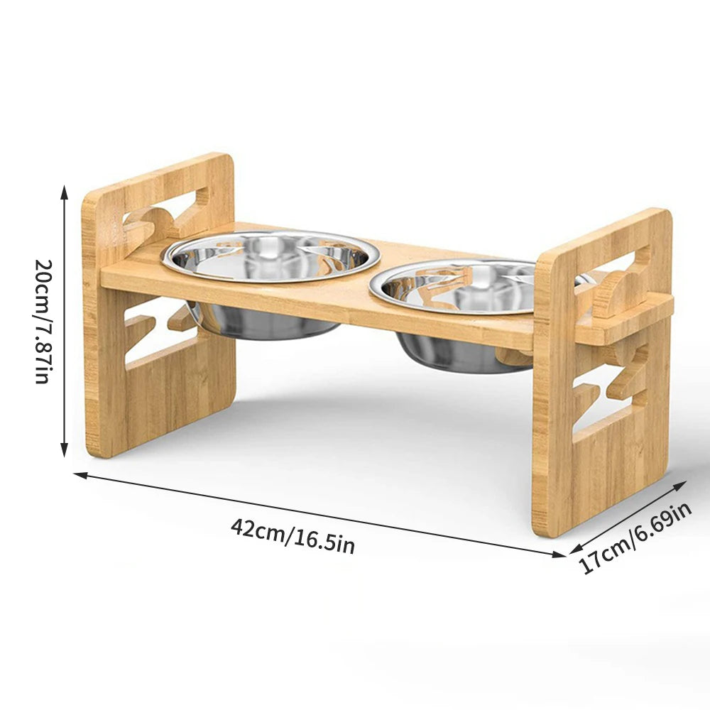 Adjustable Bamboo Pet Feeder 2PCS Wooden Stand with Stainless Steel Bowls for Cats & Dogs - Paw Care USA