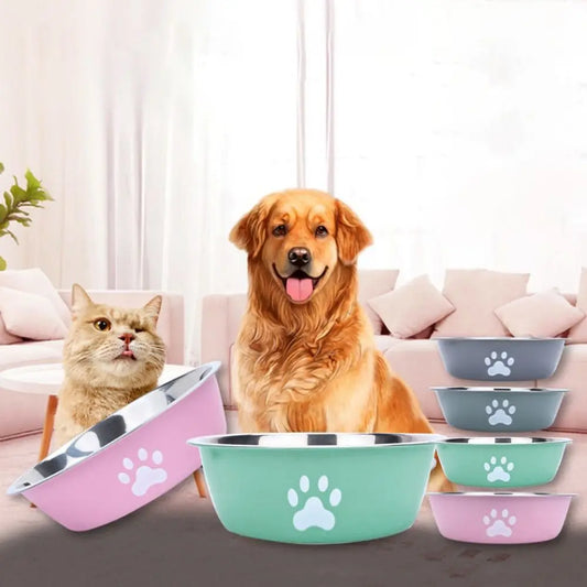 Large Stainless Steel Non-Slip Dog Bowl Pet Feeder with Cute Paw Design for Cats & Dogs - Paw Care USA