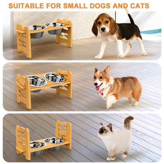 Elevated Dog & Cat Bowls Adjustable Bamboo Stand with Stainless Steel Feeder - Paw Care USA