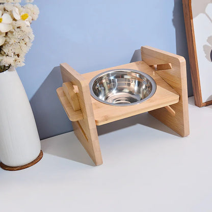 Elevated Dog & Cat Bowls Adjustable Bamboo Stand with Stainless Steel Feeder - Paw Care USA