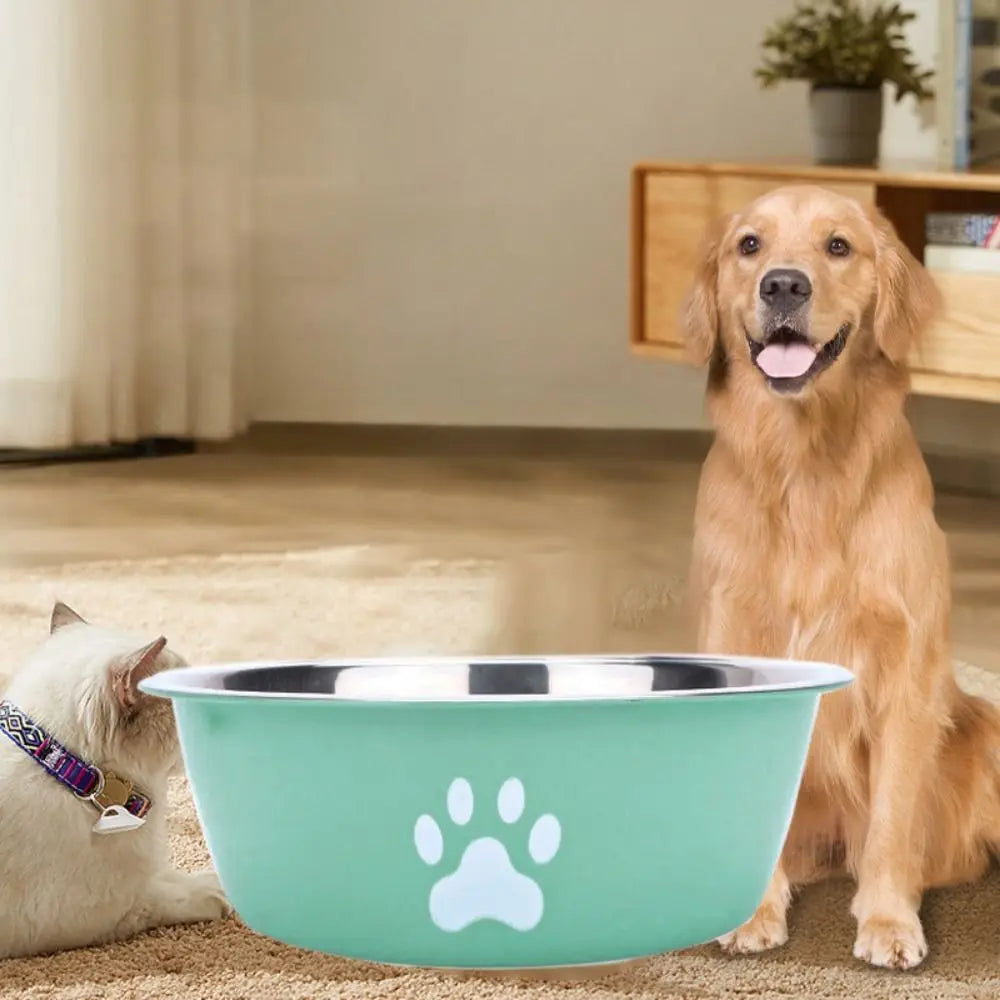 Large Stainless Steel Non-Slip Dog Bowl Pet Feeder with Cute Paw Design for Cats & Dogs - Paw Care USA