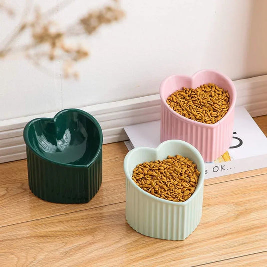 Heart Shaped Ceramic Tilted Cat Dog Bowl Non-Slip, Handmade & Elevated Feeder - Paw Care USA
