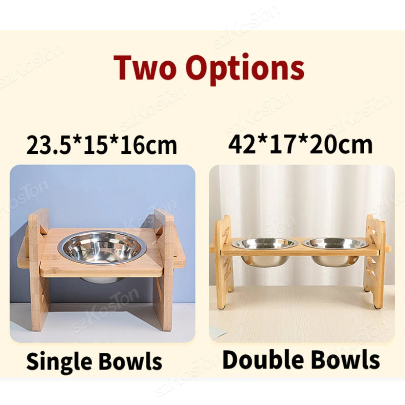 Elevated Dog & Cat Bowls Adjustable Bamboo Stand with Stainless Steel Feeder - Paw Care USA