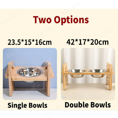 Elevated Dog & Cat Bowls Adjustable Bamboo Stand with Stainless Steel Feeder - Paw Care USA