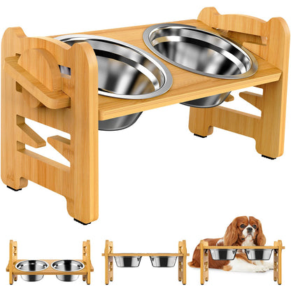 Elevated Dog & Cat Bowls Adjustable Bamboo Stand with Stainless Steel Feeder - Paw Care USA
