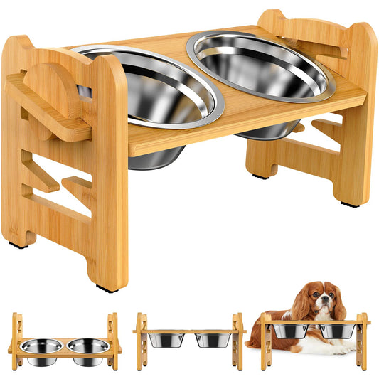Elevated Dog & Cat Bowls Adjustable Bamboo Stand with Stainless Steel Feeder - Paw Care USA