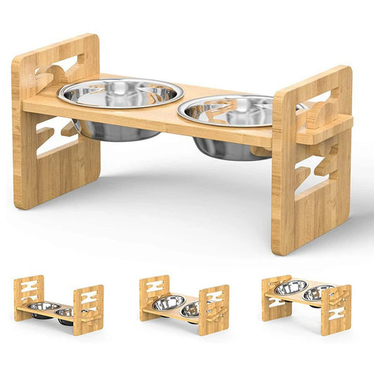 Adjustable Bamboo Pet Feeder 2PCS Wooden Stand with Stainless Steel Bowls for Cats & Dogs - Paw Care USA