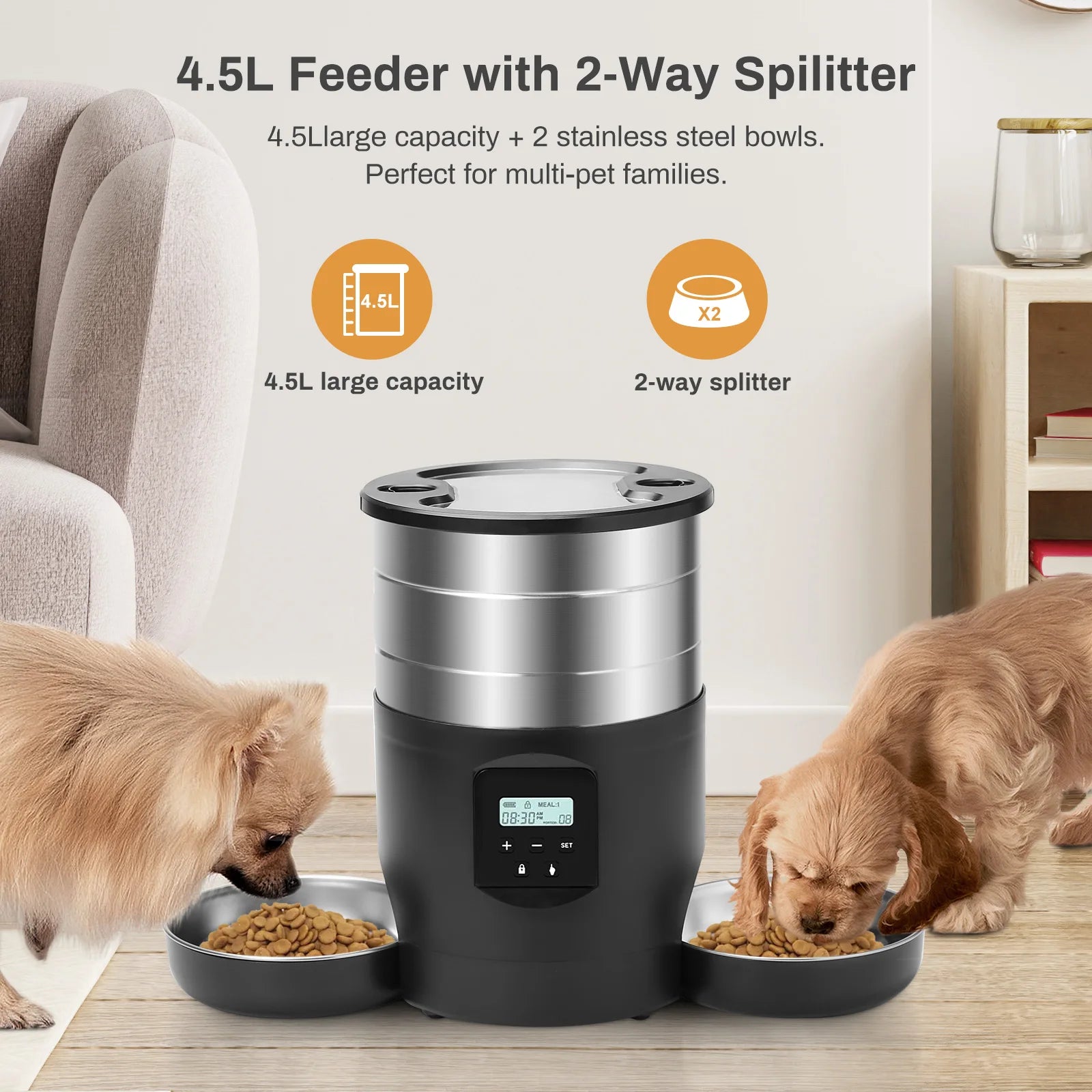 Smart WiFi Automatic Pet Feeder 4.5L Food Dispenser with Dual Stainless Steel Bowls - Paw Care USA