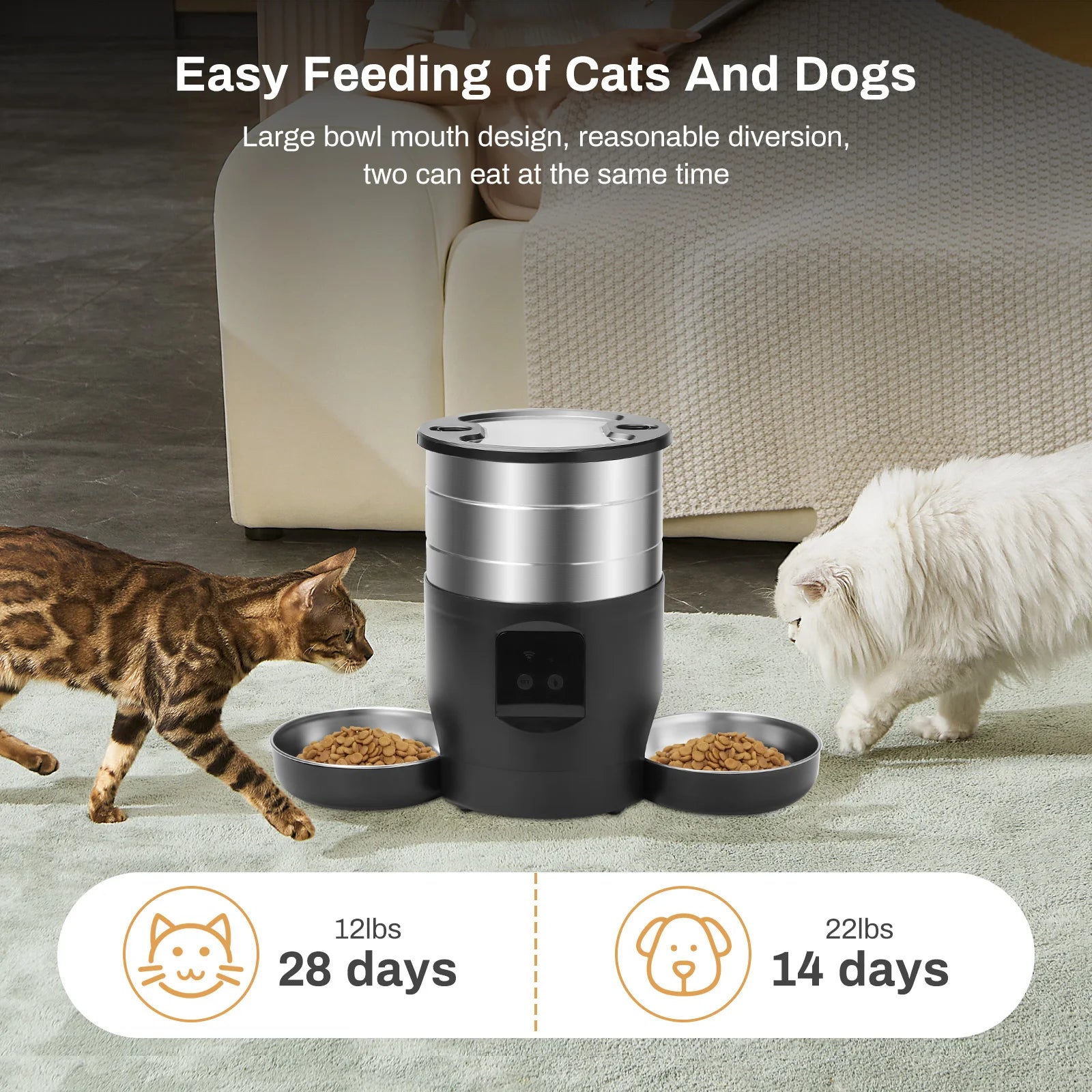Smart WiFi Automatic Pet Feeder 4.5L Food Dispenser with Dual Stainless Steel Bowls - Paw Care USA